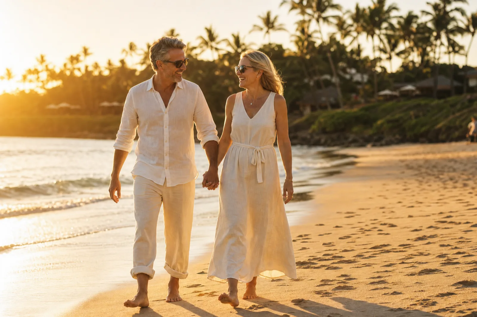 A couple walking Wailea beach at golden hour
