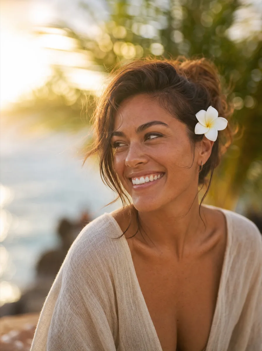 A confident, radiant smile in golden Maui light
